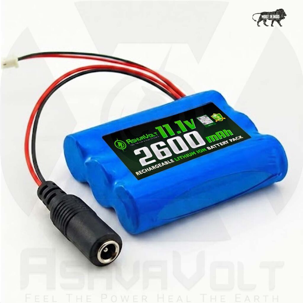 AshvaVolt 11.1V 2600mAh Rechargeable Lithium Battery Pack 18650 3S with Warranty (includes BMS) for GPS, CCTV, Industrial and Commercial Application
