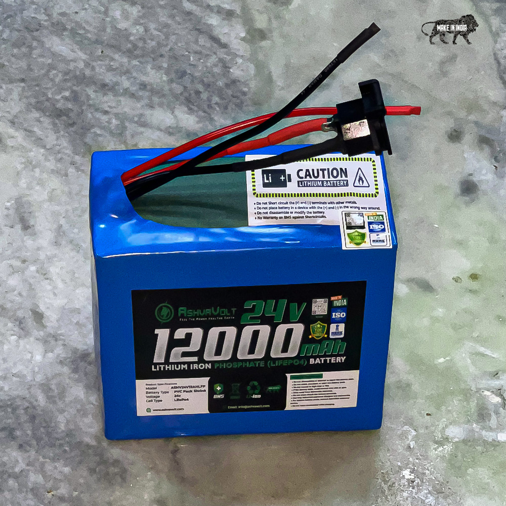 AshvaVolt® 24V (25.6V) 12Ah Lithium Iron Phosphate Battery Pack Solar Inverter, E-Bike with BMS protections