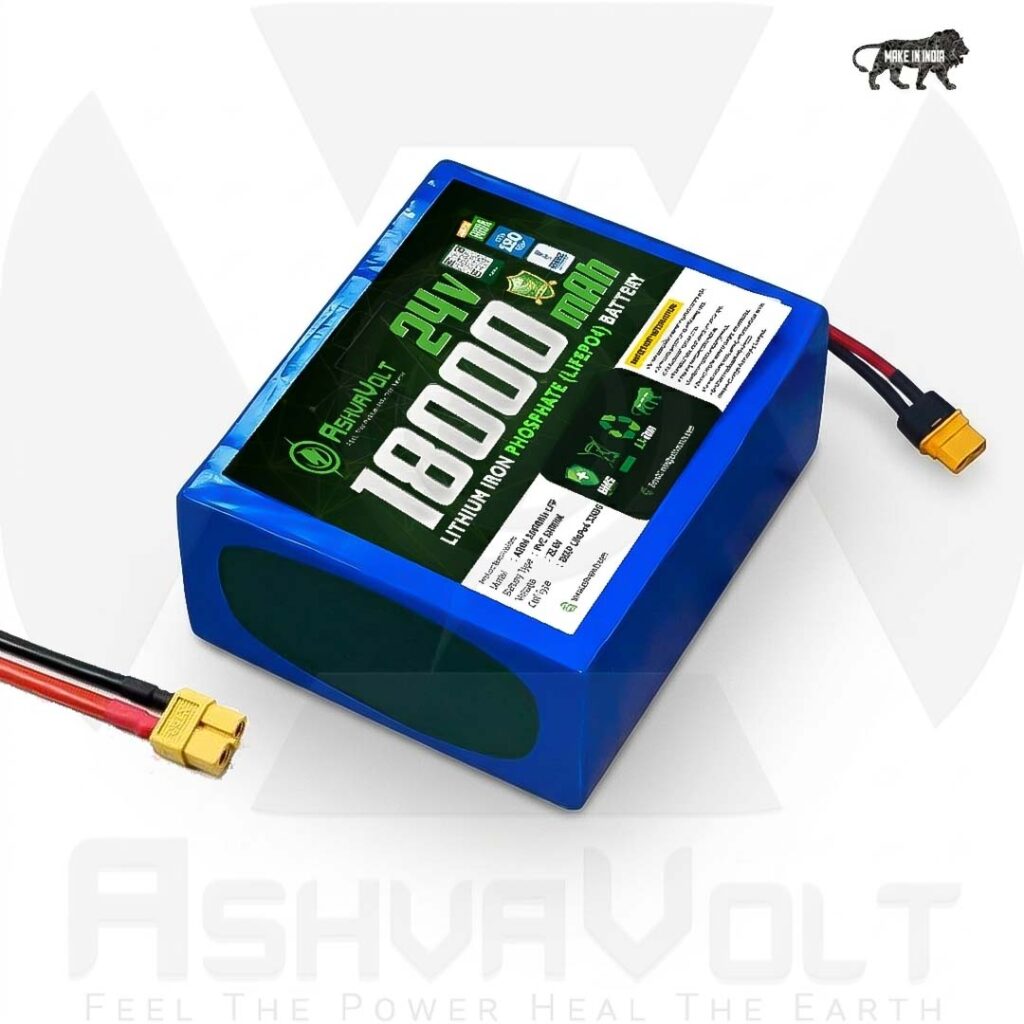 AshvaVolt® 24V (25.6V) 18Ah 460Wh 8S3P Lithium Iron Phosphate Battery Pack with BMS Protection and Warranty For Electric Cycle, Solar | 24V 18Ah LiFePO4 battery