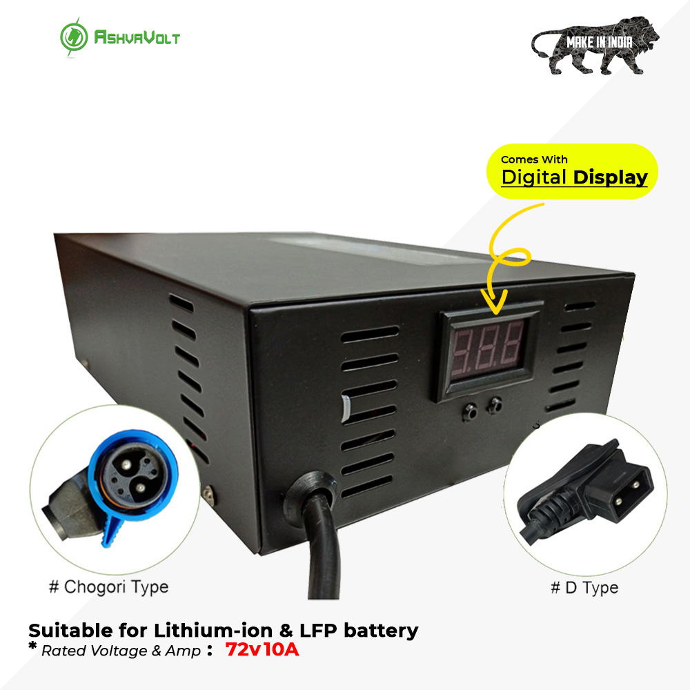 AshvaVolt® 72V 10Amps (84V) Fast Charger Adapter for Lithium-Ion Battery (Cut-off Voltage 84V) with digital display & Auto Cutoff E bike, E scooty Lithium Ion Battery Charger (EV Charger)