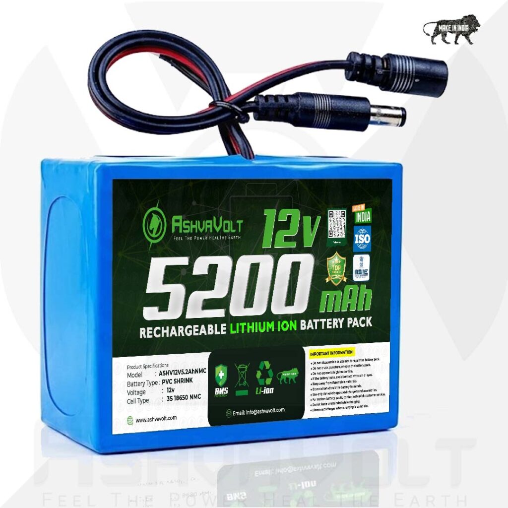 AshvaVolt 11.1V 12V 5200mAh Rechargeable Lithium Battery Pack 3S2P 18650 3C with BMS Protection & 5.5mm Male and 5.5mm Female DC Pin Connectors