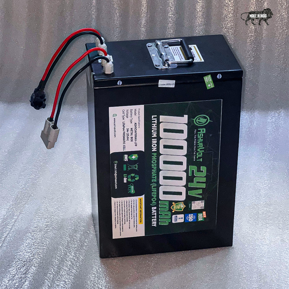 AshvaVolt® 24V 100Ah Lithium Phosphate Battery Prismatic Cell 24V 10Amps  Auto Cutoff) Charger Combo for Home, Shops Office with BMS