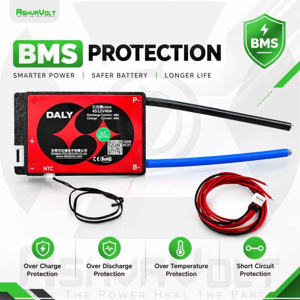 AshvaVolt 4S 12.8V 40Amps DALY LiFePo4 Waterproof BMS Module with Temperature Sensor - BMS Protection Board