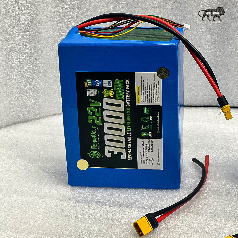 AshvaVolt® 22.2V 30000mAh 6S Lithium-Ion 18650 Rechargeable Battery Pack | 25.2V 30Ah 7 Pin JST XH NMC