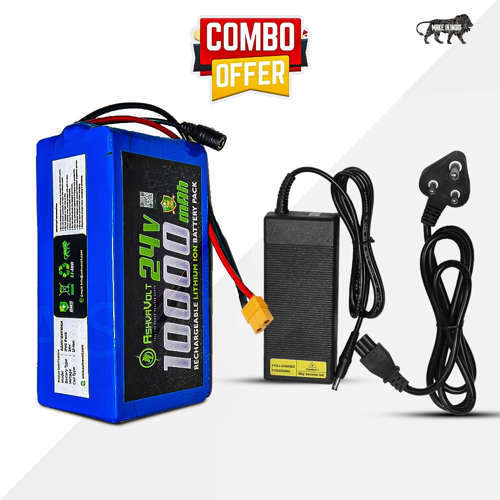 AshvaVolt® 24V 10Ah Lithium-Ion Rechargeable Battery Pack 24V 3a Lithium  ion Charger Combo For Electric Cycle with BMS Protection - Main Image