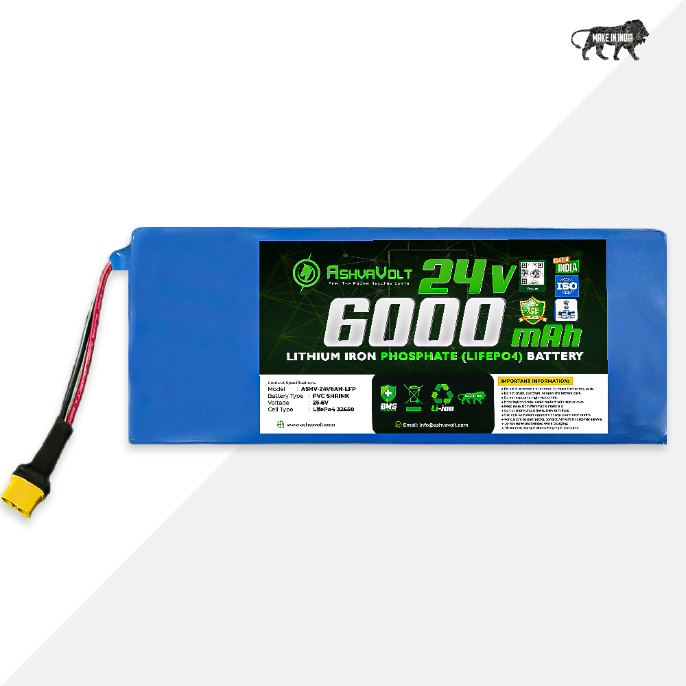 AshvaVolt® 6Ah (6000mah) Lithium Iron Phosphate LifePo4 Battery  Pack Solar Inverter, E-Bike, EV with BMS protection 24v 6000Mah V)