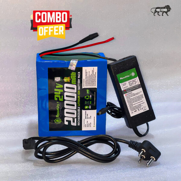 AshvaVolt® 24V 20Ah Lithium-Ion Rechargeable Battery Pack & 24V 3a Lithium ion Charger Combo Round Pin Connector For Electric Cycle with BMS Protection