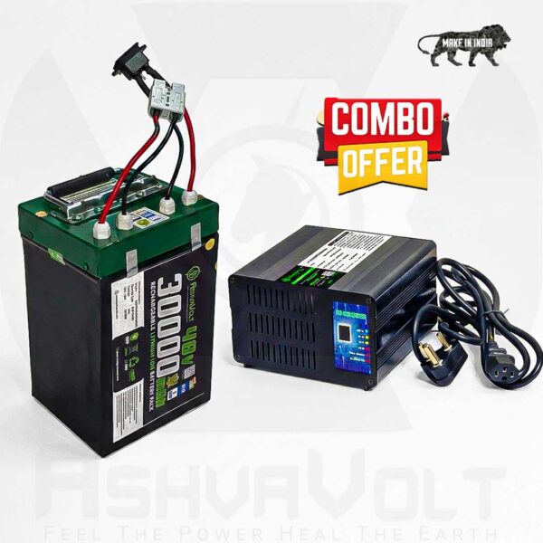 AshvaVolt® 48V 30Ah Lithium Ion Rechargeable Battery Pack With Premium Metal BOX & 48V 7Amps Fast Charger Combo for EV with BMS protection
