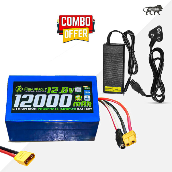 AshvaVolt® 12.8V 12Ah 153.6W Li-Fe Lithium Iron Phosphate with BMS protection 12.8V 3A (14.6V) LiFePo4 Charger Combo Pack