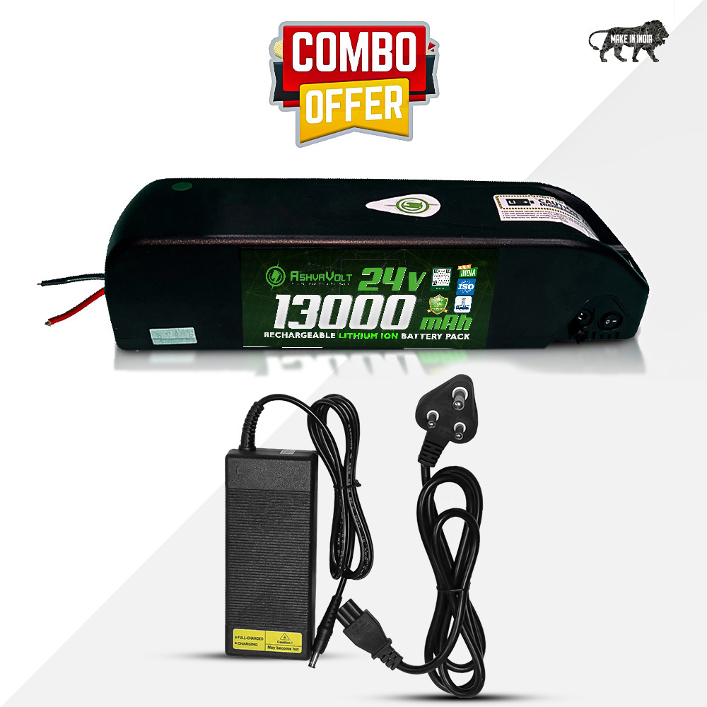 AshvaVolt® 24V 13Ah Lithium-Ion Battery Pack with Premium Hailong Case & 24V 3A Charger Combo for Electric Bikes