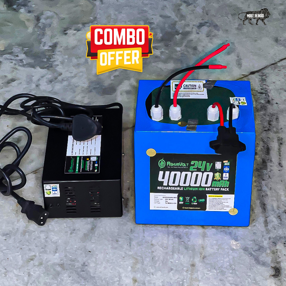 AshvaVolt® 24V 40Ah Lithium-Ion Rechargeable Battery Pack & 24V 10A (29.4V) Lithium ion Charger Combo For Electric Cycle with BMS Protection