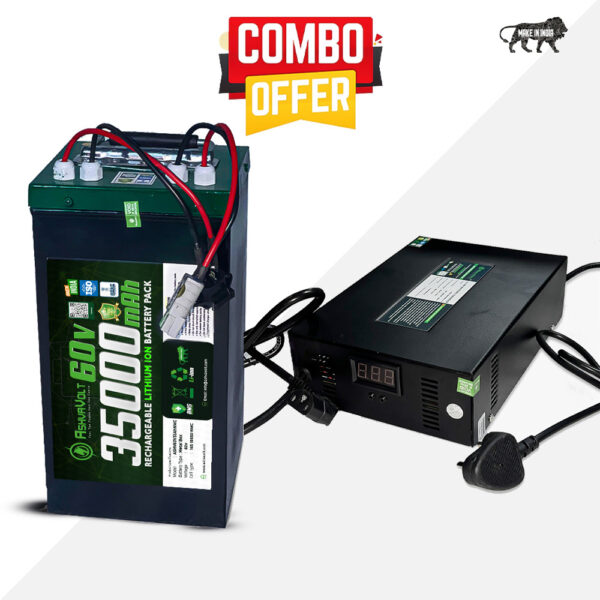 AshvaVolt® 60volt 35Ah Lithium Ion Rechargeable Battery Pack With Premium Metal BOX & 60v 10Amps cutoff Fast Charger Combo for EV, E-Bike, Toto Battery with BMS protection