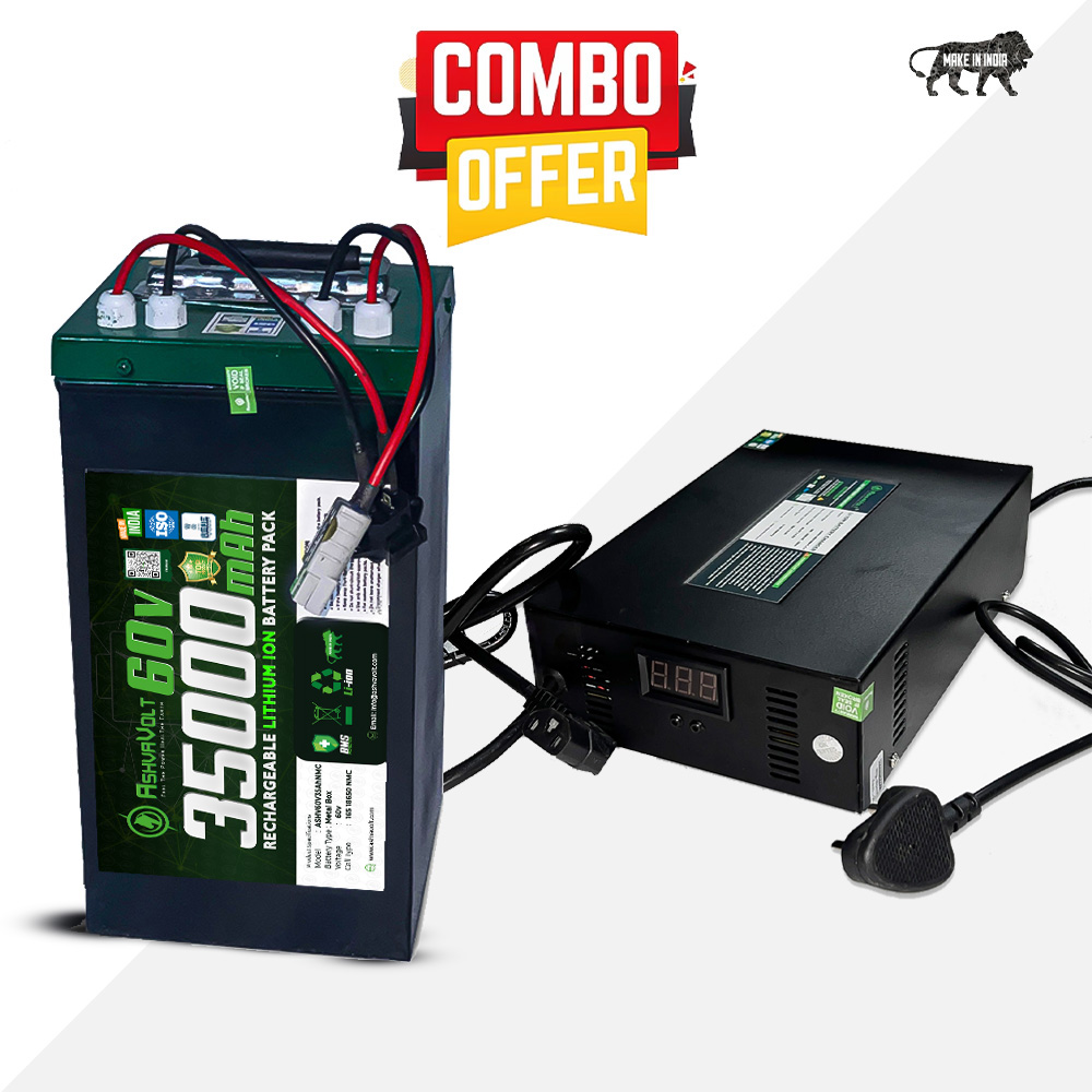 AshvaVolt® 60volt 35Ah Lithium Ion Rechargeable Battery Pack With Premium Metal BOX & 60v 10Amps cutoff Fast Charger Combo for EV, E-Bike, Toto Battery with BMS protection