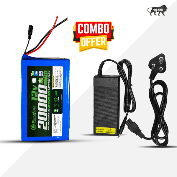 AshvaVolt® 12V 20Ah 3S Lithium-Ion Battery Pack with BMS Protection & 12V 3A (12.6V) Lithium Ion Charger Combo Pack