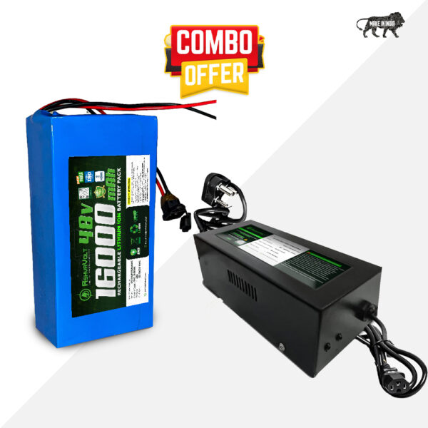 AshvaVolt® 48V 16Ah Lithium-Ion Battery Pack With BMS Protection & 48V 5Amps (54.6V) Auto Cutoff Charger Combo