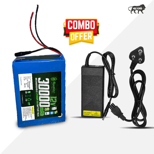 AshvaVolt® 12V 30Ah Lithium-Ion Rechargeable Battery Pack & 12V 6a Lithium ion Charger Combo For Cycle, Solar & Others with BMS Protection