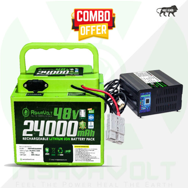 AshvaVolt® 48V 24Ah Lithium-Ion Rechargeable Battery Pack & 48V (54.6V) 7A Fast Charger Combo For Electric Vehicle With Premium Box