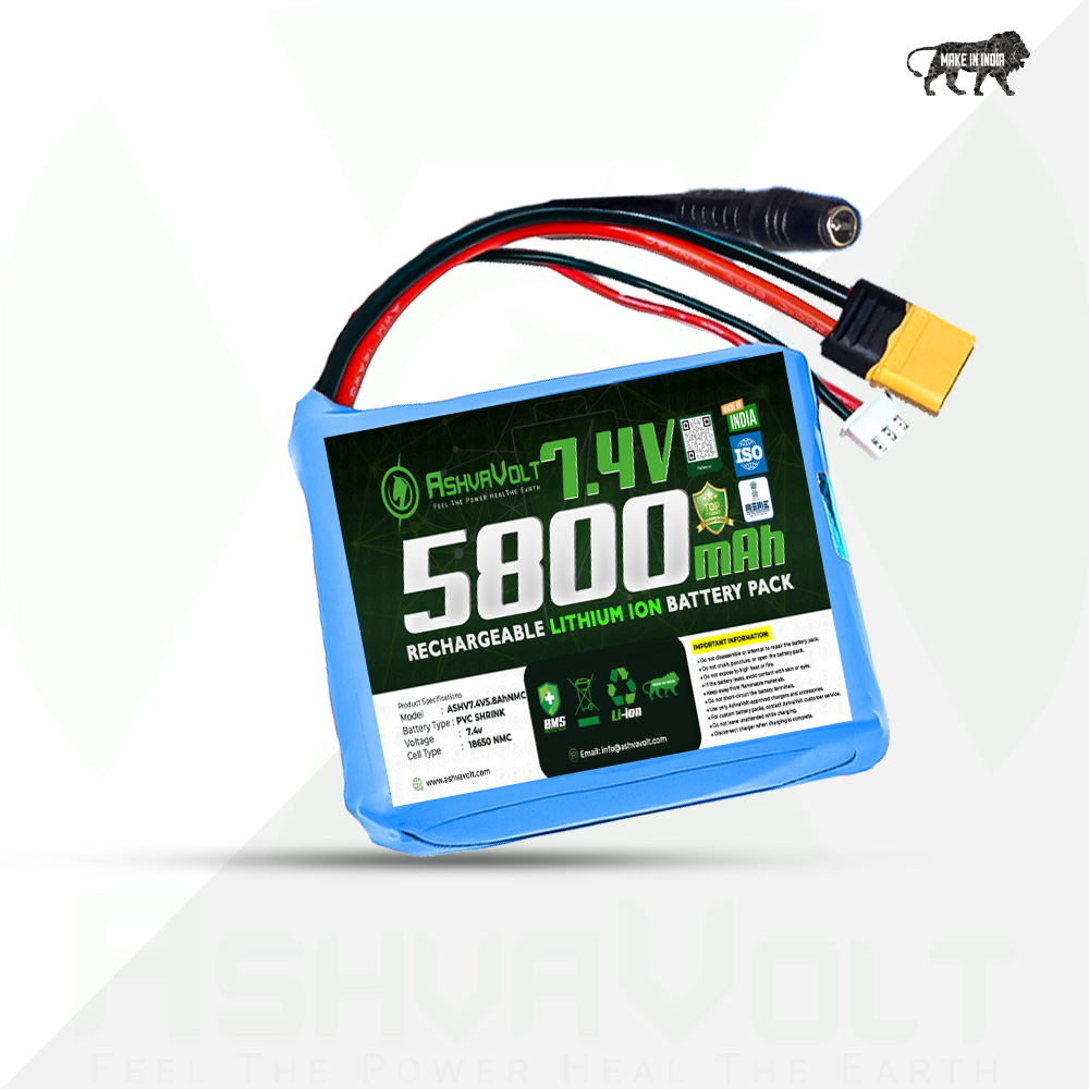 AshvaVolt® 7.4V 5800mAh Rechargeable Lithium Battery Pack with BMS Protection – 2S 2P 18650 Li Ion Battery