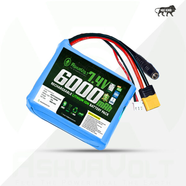 AshvaVolt® 7.4V 6000mAh Rechargeable Lithium Battery Pack with BMS Protection – 2S 2P 18650 Li Ion Battery
