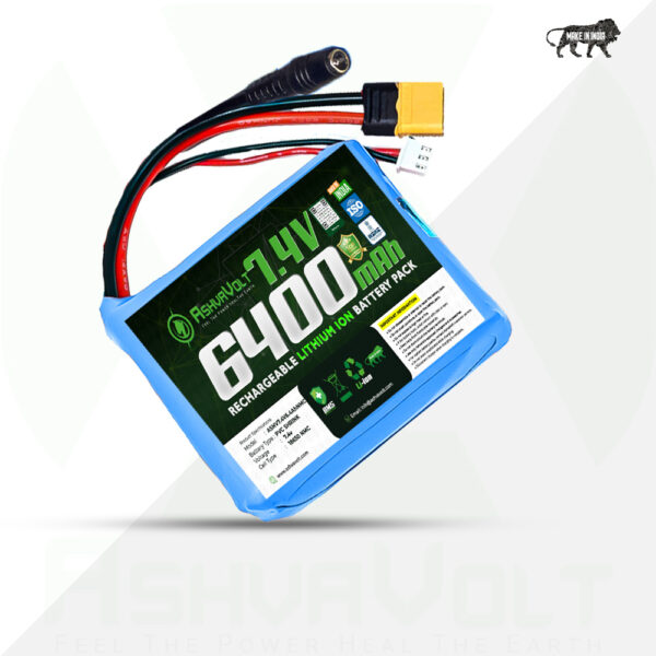 AshvaVolt® 7.4V 6400mAh Rechargeable Lithium Battery Pack with BMS Protection – 2S 2P 18650 Li Ion Batterys