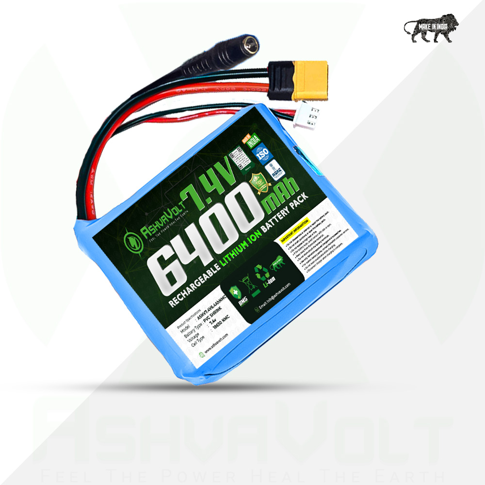 AshvaVolt® 7.4V 6400mAh Rechargeable Lithium Battery Pack with BMS Protection – 2S 2P 18650 Li Ion Batterys