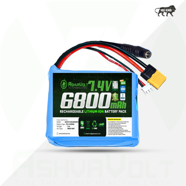 AshvaVolt® 7.4V 6800mAh Rechargeable Lithium Battery Pack with BMS Protection – 2S 2P 18650 Li Ion Batterys