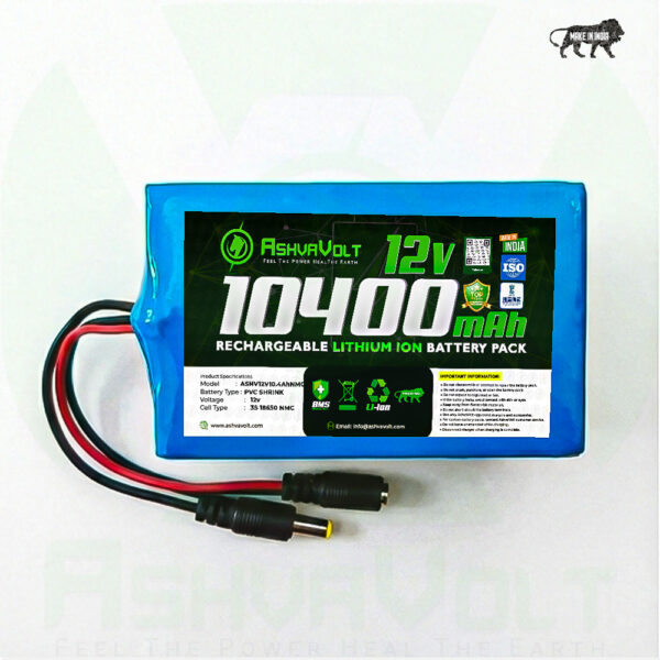 AshvaVolt 11.1V/12V 10400Ah Rechargeable Lithium Battery Pack - 3S 4P 18650 3C with BMS Protection & 5.5mm Male and 5.5mm Female DC Pins Connector