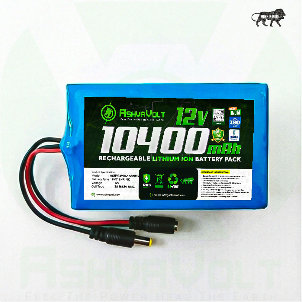 AshvaVolt 11.1V/12V 10400Ah Rechargeable Lithium Battery Pack - 3S 4P 18650 3C with BMS Protection & 5.5mm Male and 5.5mm Female DC Pins Connector