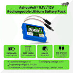 AshvaVolt 11.1V 12V 2600mAh Rechargeable Lithium Battery Pack - 3S1P 18650 with BMS Protection & Male Female Connector for GPS, CCTV, Industrial and Commercial Applicationsss