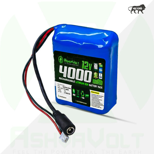 AshvaVolt 11.1V 12V 4000Ah Rechargeable Lithium Battery Pack 3S 4P 18650 with BMS Protection & 2Pin Jst Connector for GPS, CCTV, Industrial and Commercial Application