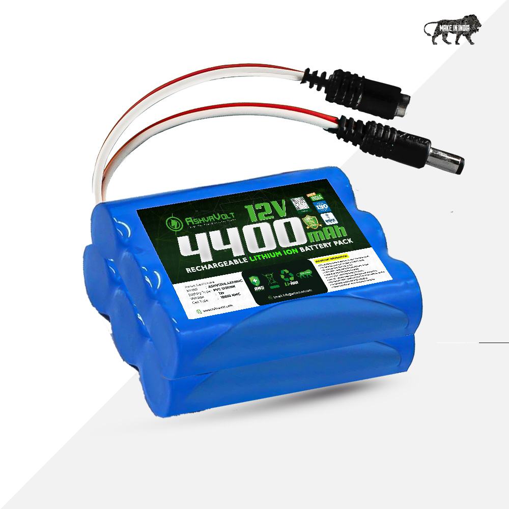 AshvaVolt 11.1V/12V 4400mAh Rechargeable Lithium Battery Pack - 3S2P 18650 with BMS Protection & Male/Female Connector