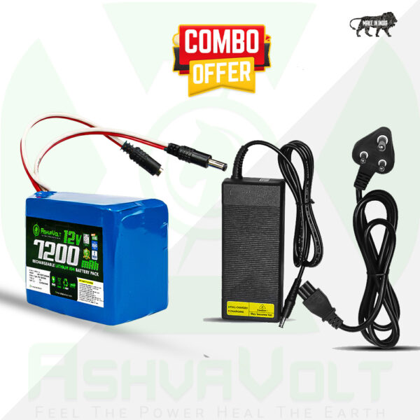 AshvaVolt® 11.1V/12V 7.2Ah 3S Lithium-Ion Battery Pack with BMS Protection & 12V 3A (12.6V) Lithium Ion Charger Combo Pack