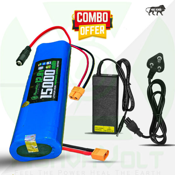 AshvaVolt® 12.8V 15Ah 192W Li-Fe Lithium Iron Phosphate with BMS protection & 12.8V 3A (14.6V) Lithium Ion Charger Combo Pack