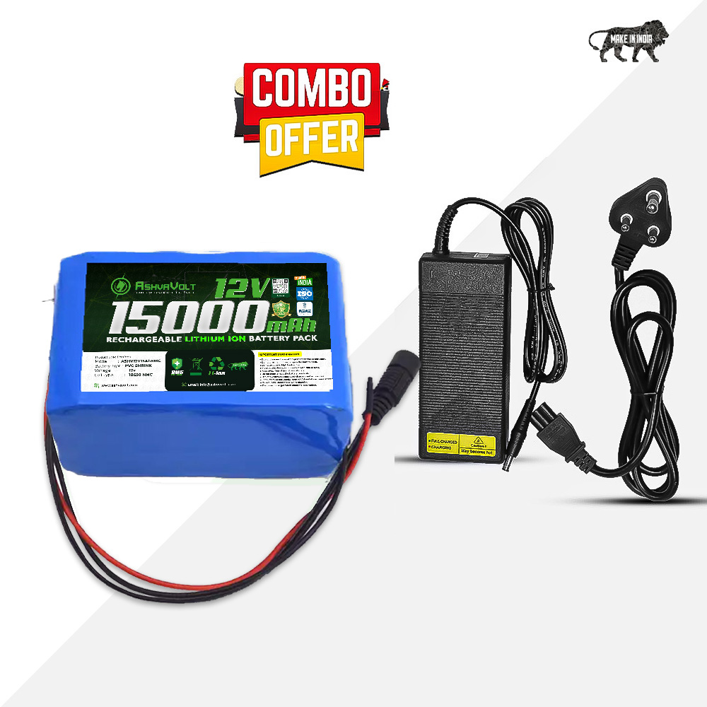 AshvaVolt® 12V 15Ah 3S Lithium-Ion Battery Pack with BMS Protection & 12V 3A (12.6V) Lithium Ion Charger Combo Pack