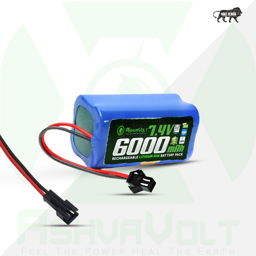 AshvaVolt® 7.4V 6000mAh Li-Ion Battery Pack – 2S 2P 18650 with BMS Protection & Male Female 2Pin Black Connectorss