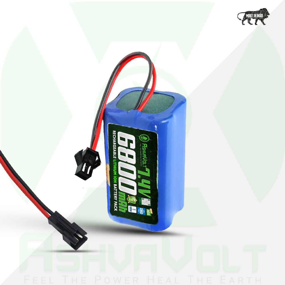 AshvaVolt® 7.4V 6000mAh Li-Ion Battery Pack – 2S 2P 18650 with BMS Protection & Male Female Connector