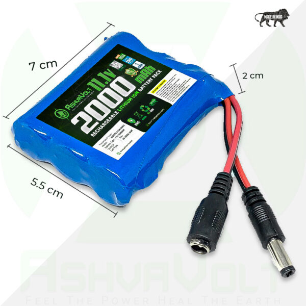 AshvaVolt 11.1V 12V 2000mAh Rechargeable Lithium Battery Pack - 3S1P 18650 with BMS Protection & Male Female Connector for GPS, CCTV, Industrial and Commercial Applicationss