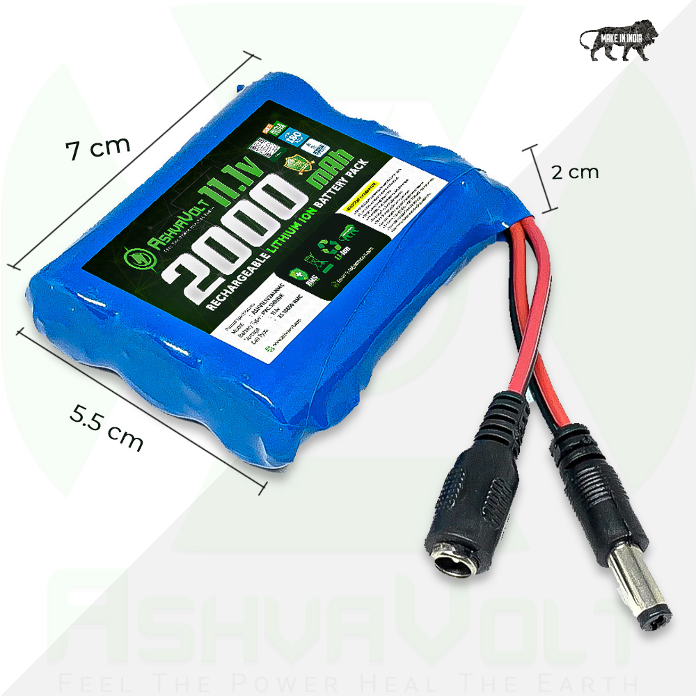AshvaVolt 11.1V 12V 2000mAh Rechargeable Lithium Battery Pack - 3S1P 18650 with BMS Protection & Male Female Connector for GPS, CCTV, Industrial and Commercial Applicationss