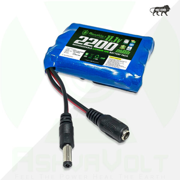 AshvaVolt 11.1V 12V 2200mAh Rechargeable Lithium Battery Pack - 3S1P 18650 with BMS Protection & Male Female Connector for GPS, CCTV, Industrial and Commercial Application