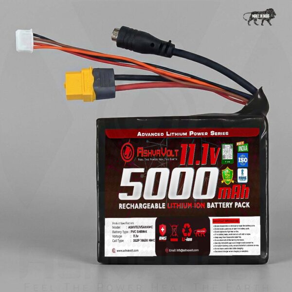 AshvaVolt 11.1V/12V 5000mAh Li-Ion Battery Pack - 3S2P 18650 3C with BMS Protection & Female DC Jack, Amass XT-60 and 4-pin JST Connector - AVPowerSeries