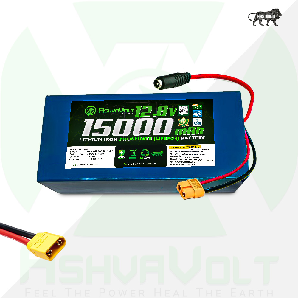 AshvaVolt® 12.8V 15Ah 192W 4S1P Lithium Iron Phosphate Battery Pack with BMS Protection and Warranty | 12.8V 15Ah LiFePO₄ battery