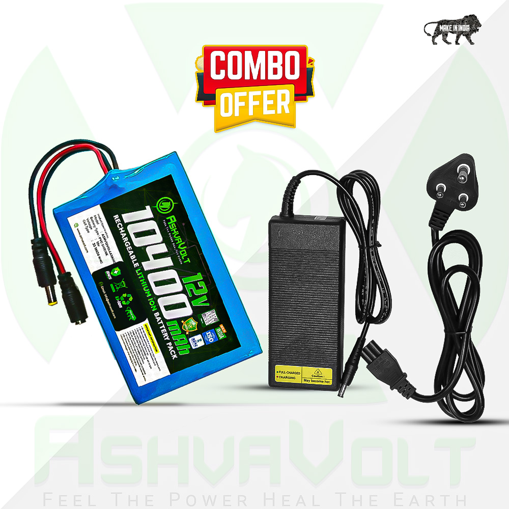 AshvaVolt® 12V 10.4Ah 3S4P 18650 3C Lithium-Ion Battery Pack with BMS Protection & 12V 3A (12.6V) Lithium Ion Charger Combo Pack With 5.5mm Male and 5.5mm Female DC Pins Connector