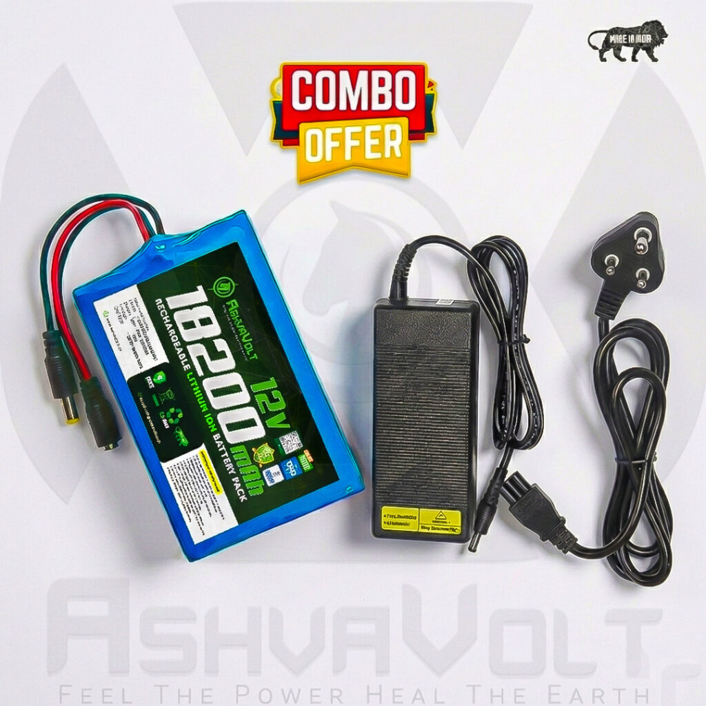 AshvaVolt® 12V 18.2Ah 3S7P 18650 3C Lithium-Ion Battery Pack with BMS Protection & 12V 3A (12.6V) Lithium Ion Charger Combo Pack With 5.5mm Male and 5.5mm Female DC Pins Connector