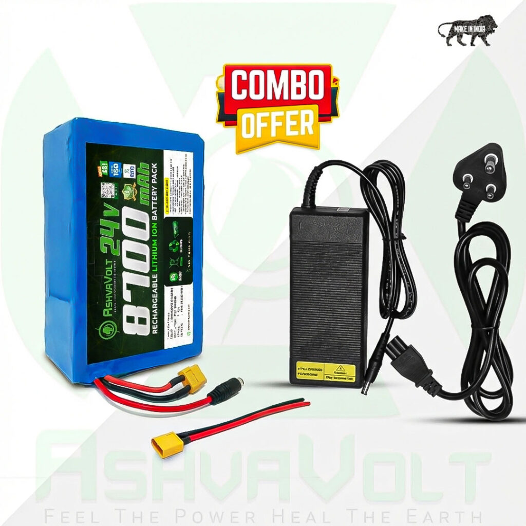 AshvaVolt® 24V 8.7Ah (8700mAh) Lithium-Ion Rechargeable Battery Pack & 24V 3A Lithium ion Charger with BMS Protection Combo For Electric Cycles