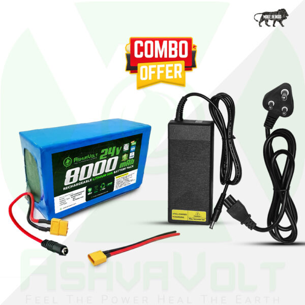 AshvaVolt® 24V 8Ah (8000mAh) Lithium-Ion Rechargeable Battery Pack & 24V 3a Lithium ion Charger Combo For Electric Cycle with BMS Protection
