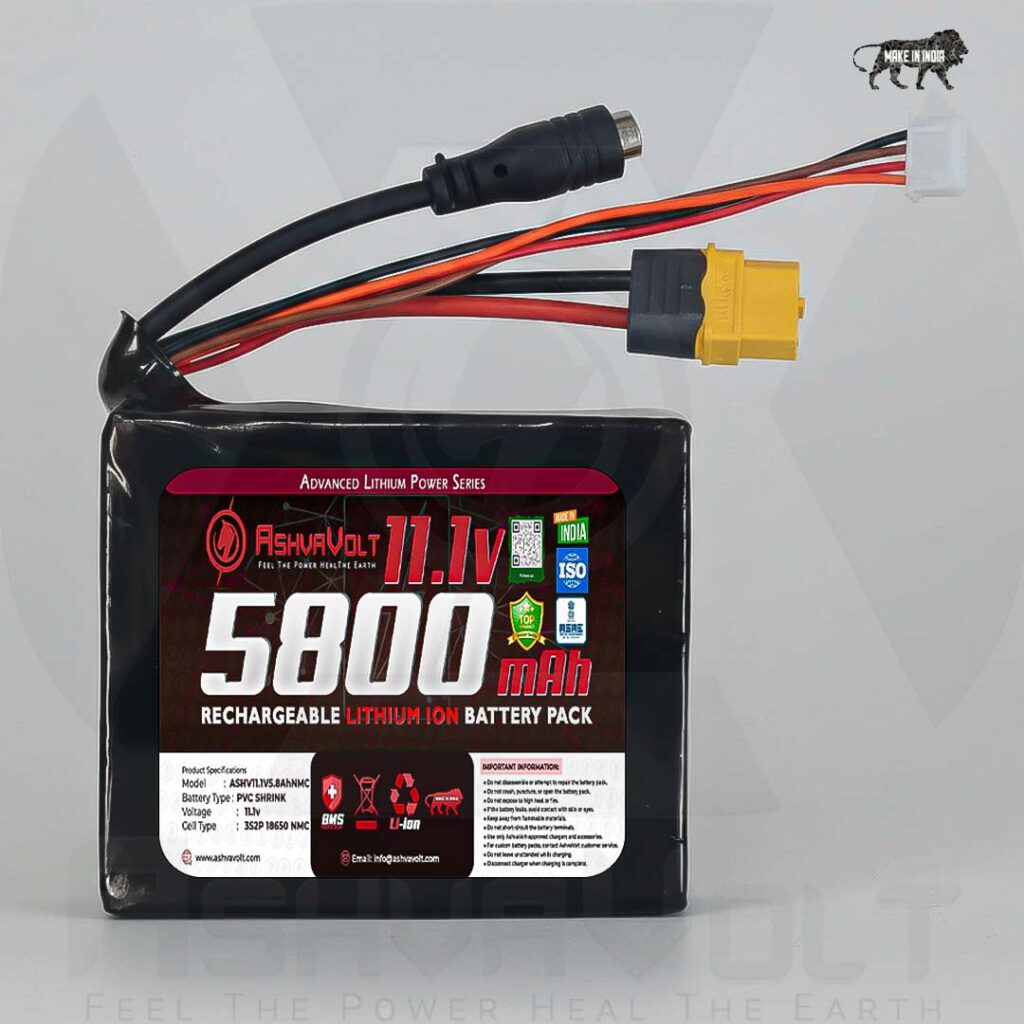 AshvaVolt 11.1V/12V 5800mAh Li-Ion Battery Pack – 3S2P 18650 3C with BMS Protection & Female DC Jack, Amass XT-60 and 4-pin JST Connector – AVPowerSeries