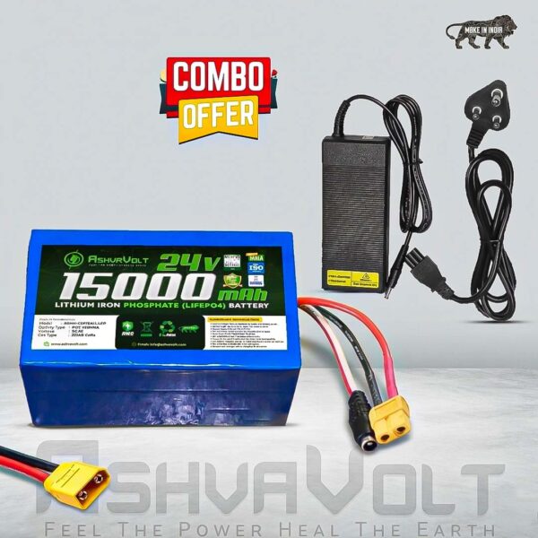AshvaVolt® 24V 15Ah (15000mAh) 380Wh 8S1P LiFePO4 battery with BMS protection & 24V 3A (29V) LiFePO4 Charger Combo Packs