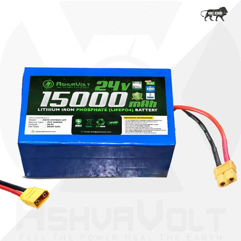AshvaVolt® 24V 15Ah 380Wh 8S1P Lithium Iron Phosphate Battery Pack with BMS Protection and Warranty | 24V 15Ah LiFePO₄ battery