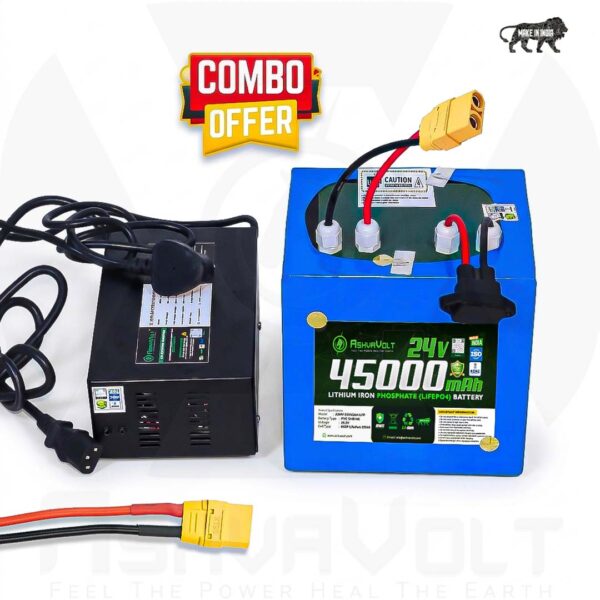 AshvaVolt® 24V/25.6V 45Ah 1152Wh 8S3P LiFePO4 battery with BMS protection & 24V 10A LiFePO4 Charger Combo Pack