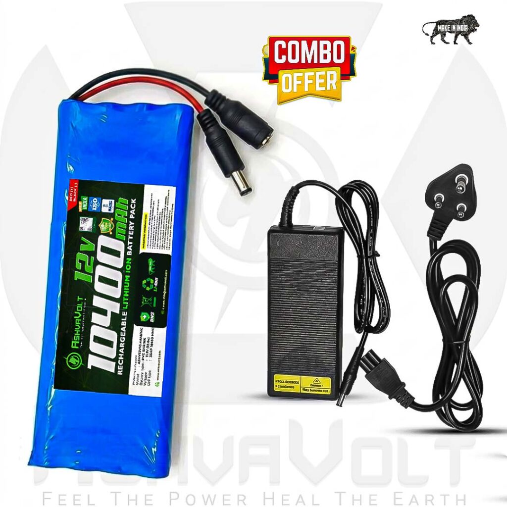 AshvaVolt 11.1V 12V 10400mAh Rechargeable Lithium Battery Pack - 3S4P 18650 3C with BMS Protection & 12V 3A (12.6V) Lithium Ion Charger Combo